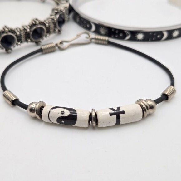 Variety Set of 3 Silvertone Bracelets - Cord with Beads, Celestial Cuff, Stretch - Picture 4 of 7